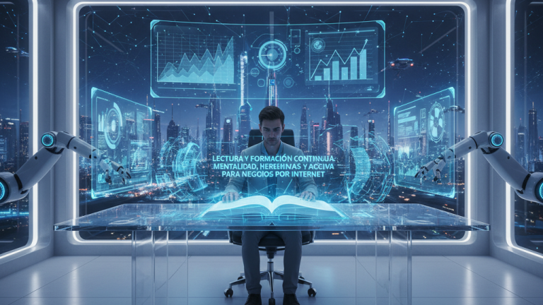 Emprendedor leyendo sobre mentalidad y herramientas digitales para negocios en internet.