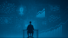 Un emprendedor analizando datos en su computadora, rodeado de libros sobre marketing digital y negocios.