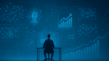 Un emprendedor analizando datos en su computadora, rodeado de libros sobre marketing digital y negocios.