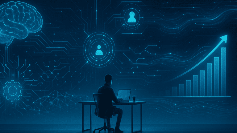 Emprendedor con laptop y notas sobre marketing digital.